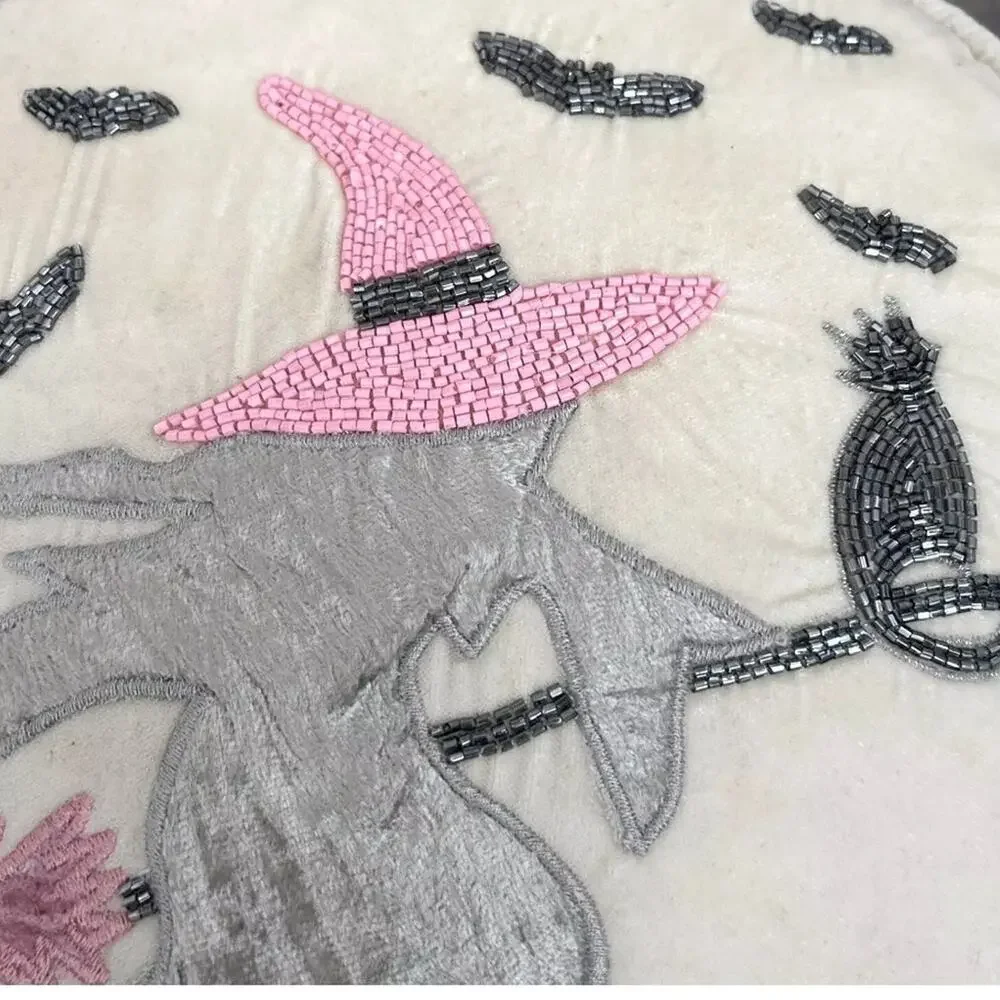 RACHEL ZOE Halloween Flying Witch Pink Moon Round Toss Beaded Pillow 16x6 New